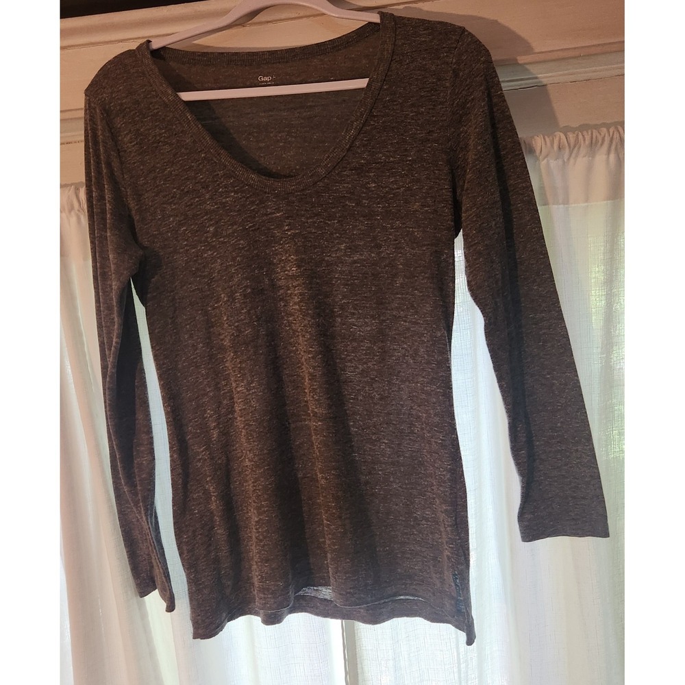 Gap Womens Long Sleeve V-Neck Shirt Gray Heather Side Slits Size L